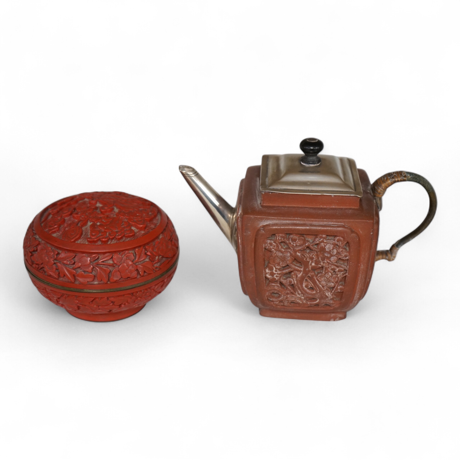 A Chinese redware teapot with white metal additions, and a red lacquer box and cover, teapot 11cm